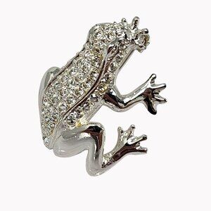 Roman Signed Clear Rhinestones Silver Tone Frog Brooch Pin Jewelry 1.25 Inches